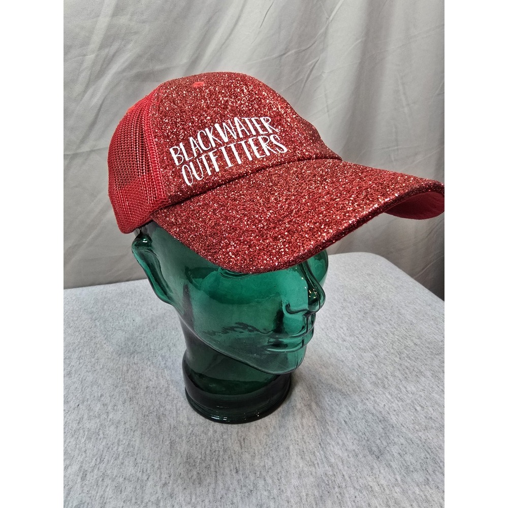 red glitter trucker hat‎ with "BLACKWATER OUTFITTERS" Logo Ponytail Hat